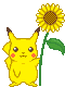 A 3x3 contact sheet of pixel art frames showing a yellow cartoon character holding sunflowers with varying poses and expressions against a gray background.