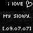 Black background with white pixelated text and symbols arranged in three , including 'i LOVE' with a heart symbol, 'MY SLOWY.', and '[.09.07.07]' repeated twice