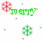 Pixelated green text 'merry' and 'christmas' with red snowflakes, green and red pixel accents on white background.