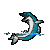 Pixelated dolphin in mid-jump with blue and white coloring, showing sequential motion frames against a gray background.