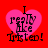 A red background with four identical pink heart shapes, each containing black text reading "I really like Justin!" in a pixelated font.