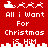 Red background with white pixelated text and icons showing Santa's sleigh and reindeer, with city skyline and text "All i Want For Christmas is Him".
