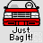 Red car with gray roof and headlights, two white circular eyes on the windshield, 'Just Bag It!' text below in black pixelated font.