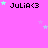 Pixelated pink background with repeated 'JULIA<3' text and scattered light blue stars in a
