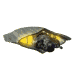 A yellow and gray object with a dark center rotates clockwise through , showing different angles against a white background