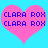 Two pink heart shapes on a cyan background, each containing blue pixelated text reading CLARA ROX in two
