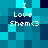 Pixelated text "I Love Shem<3" on a blue and cyan pixel background with shifting color blocks