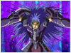 Animated sequence of a character with spiky blue hair and dark armor performing a glowing energy attack against a purple background.