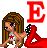 Pixel art contact sheet showing two frames of an animated buddy icon with a cartoon woman, red ampersand symbol, and large letter E changing from red to gray.
