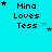 Pixelated text 'Mina Loves Tess' on cyan background with scattered stars, stars move across frames.