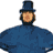 Pixelated static icon of a person wearing a dark blue top hat and matching coat with brown hair, beard, and light skin tone against white background.