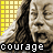 A contact sheet of 17 animated frames showing a character with long hair and an open mouth against a yellow grid background, each frame labeled "courage" in pixelated text.