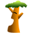 Pixelated orange tree with green canopy, single black eye, and brown branch-like limbs against gray background.