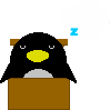 Pixelated penguin with yellow beak and white belly peeks over brown box; three thought bubbles contain blue Zs in varying quantities.