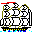 Pixelated pirate ship with green masts, white sails, and yellow-blue hull details on gray background.