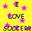 Yellow background with pink stars and repeated black text reading "I LOVE SOCCER!!" in a pattern