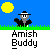 Pixelated image of a gray figure with a black hat and white band, standing on green grass under a yellow sun, with 'Amish Buddy' text below.