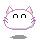 Pixelated white cat head with pink inner ears and purple outline, showing three distinct expressions