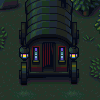 Pixel art depiction of a dark green wagon with red accents, featuring two side windows with purple panes and illuminated lanterns on either side.