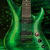 Static pixelated image of a green electric guitar with brown neck and dark fretboard against dark background.