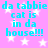 A static image with a pink background, white stars, and repeated cyan text reading "da tabbie cat is in da house!!!".