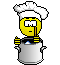 Yellow cartoon chef with white hat stirring pot, showing multiple expressions and bubble effects in a