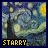 Pixelated digital artwork of a starry night scene with swirling clouds, yellow stars, and a dark tree silhouette against blue-purple sky.