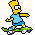 Pixelated cartoon character with yellow hair and blue shirt rides green skateboard across gray background, showing motion sequence from left to right.