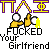 Pixelated graphic with yellow and purple symbols above two figures, bold text reading 'FUCKED YOUR GIRLFRIEND' on gray background.