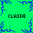 Green background with blue pixelated lightning-like patterns and four instances of the text CLAIRE in black block letters.