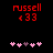 Red pixelated text 'russell' and '<33' above pink hearts on black background, with heart positions shifting between frames.