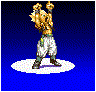 Pixel art character with spiky golden hair and white pants on blue background, showing multiple poses and animation frames.