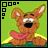 Animated cartoon dog with brown fur, pink tongue, and white eyes on green background; small square icons in top-left corner change across frames.