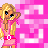 Four pixel-art characters in a against a pink and white checkered background, each with distinct outfits and poses