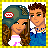 A 2x2 contact sheet of a pixel art animated buddy icon featuring two cartoon characters, text labels, and a creator watermark.