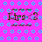 A static pixel art image with a bright pink background patterned by cyan squares and circles, featuring brown text "Kira<3" surrounded by decorative lines.