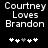 Black background with white pixelated text reading "Courtney Loves Brandon" and five white plus signs with one gray plus sign in the center.
