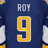 A hockey player in a dark blue jersey with yellow accents appears across multiple views showing back, front, and side angles.