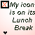 Pixelated text reads 'My icon is on its Lunch Break' with a black X in the top-left corner and two heart icons at bottom corners.