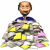 A cartoon character with a bald head and beard wears a blue shirt, standing behind a pile of yellow, pink, and gray objects.