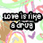 Four distinct display text and imagery: top-left with 'love is like a drug', top-right with 'you can get addicted', bottom-left shows two anime-style figures embracing, bottom-right features 'voila!' over pink floral patterns