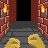 Pixel art animation of a red demon character in a dungeon setting with torches, stone walls, and floating rocks, showing hand gestures and glowing effects.