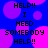 Blue background with pink and purple circular shapes, black pixelated text reading HELP!! I NEED SOMEBODY HELP!! repeated in four quadrants.
