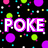 Pixelated text "POKE A DOTS RULE!!" on black background with scattered neon dots and squares in purple, green, pink, yellow, cyan, and white.