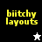 Yellow pixelated text 'biitchy layouts' on four background quadrants with a white star and black star icon changing between top-right and bottom-left positions.