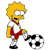 Pixelated character with yellow hair, red shorts, white shirt, and black shoes kicking a black-and-white soccer ball on a white background.