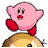Pixelated buddy icon featuring Kirby character on left and OriginalIcons.com text logo on right, split-screen layout with gray background.