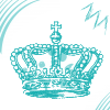 Static pixelated teal crown icon with cross top, partial curved lines on left and right edges, and faint stylized 'M' in upper-right corner against white background.