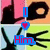 Pixelated image with pink and orange background, black scissors cutting a white line, blue text boxes containing red 'I', red heart symbol, and red 'Him.' text.
