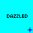 three and three displays the word 'DAZZLED' in black pixelated text above blue animated symbols on a cyan background